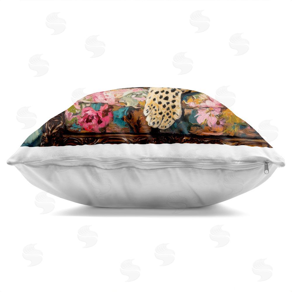 Petal Prints Design Fashionable Leopard on Floral Sofa Square Printed Throw Pillow Side View with Zipper Detail