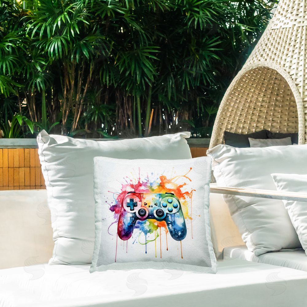 Creative Studio Colors of Gaming Splatter Outdoor Square Printed Throw Pillow on Seat