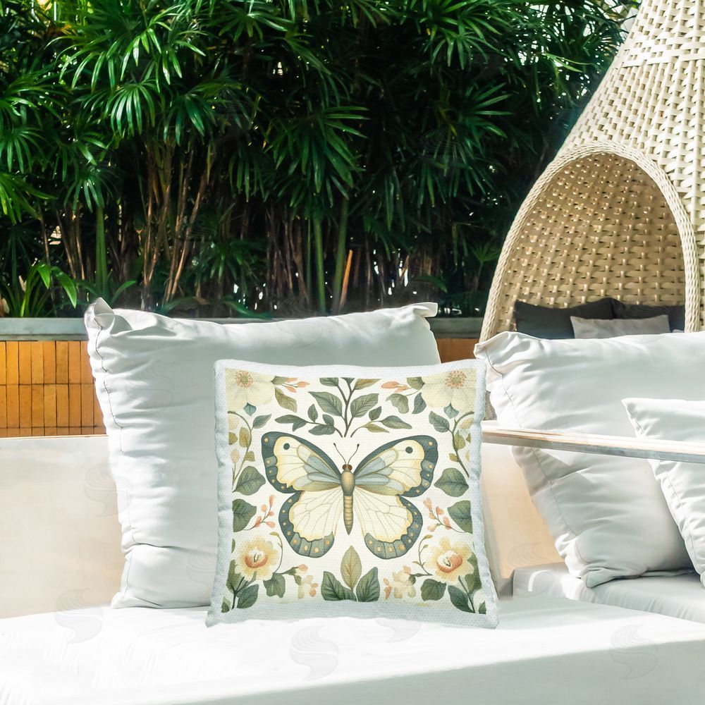 Petal Prints Design Sage Butterfly and Florals Outdoor Square Printed Throw Pillow on Seat