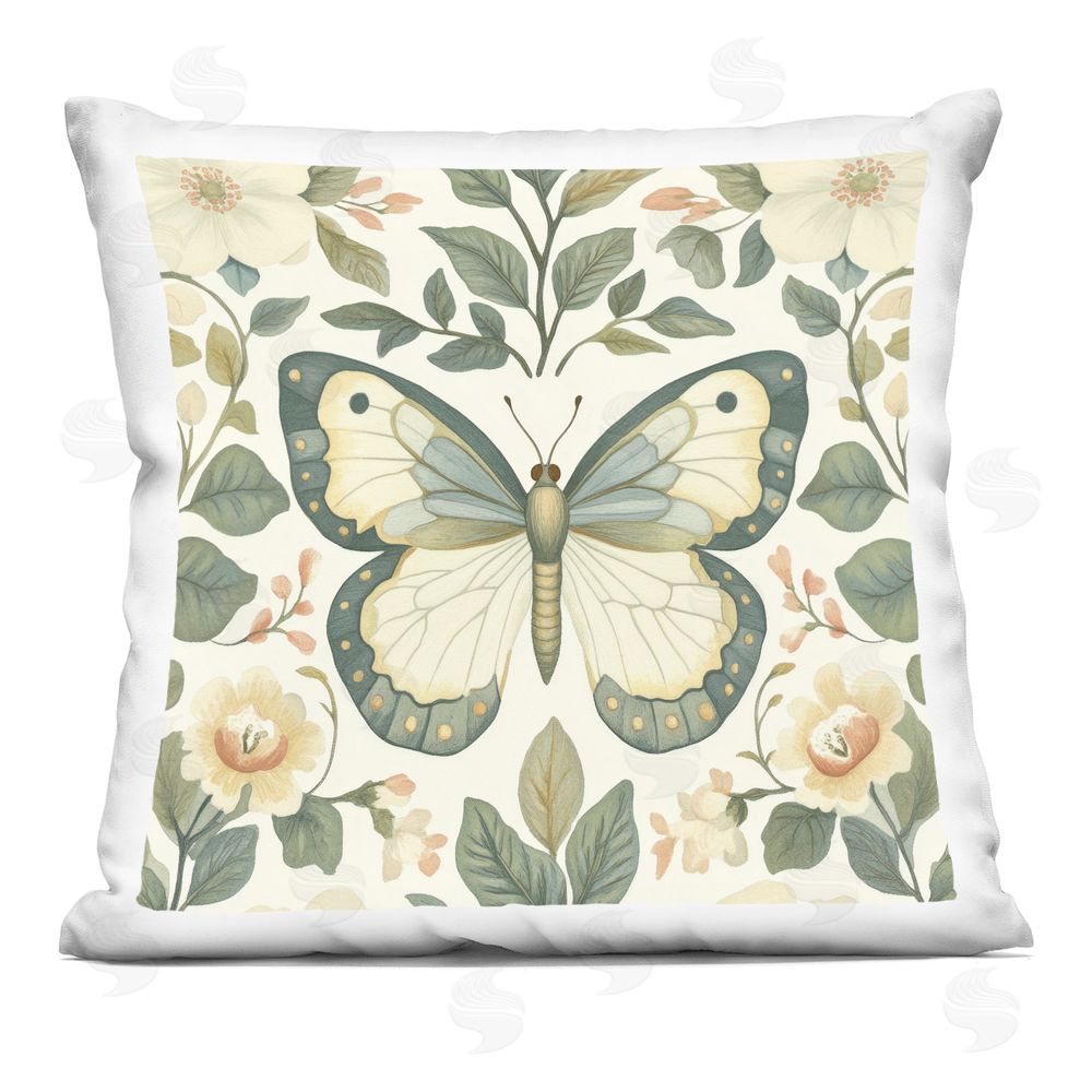 Petal Prints Design Sage Butterfly and Florals Square Printed Throw Pillow