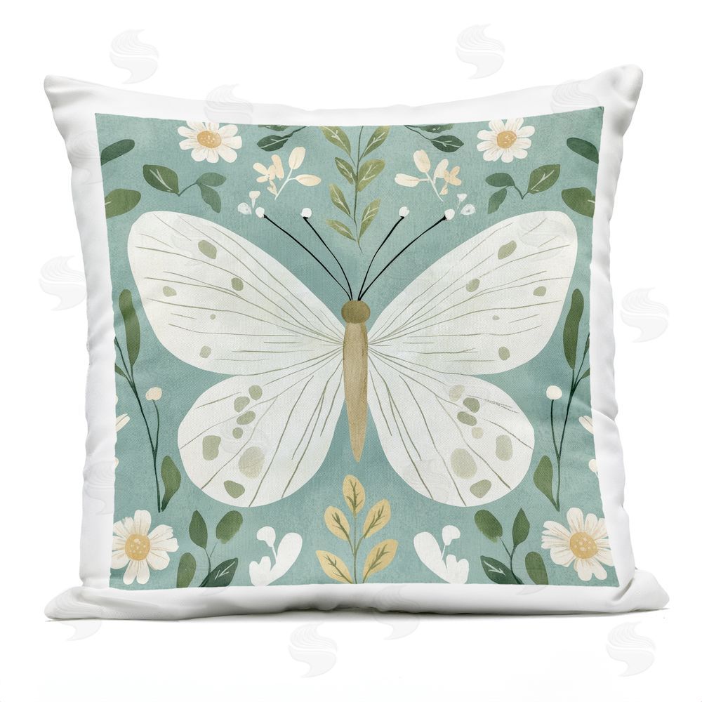 Petal Prints Design Teal Butterfly Garden with Daisies Outdoor Square Printed Throw Pillow
