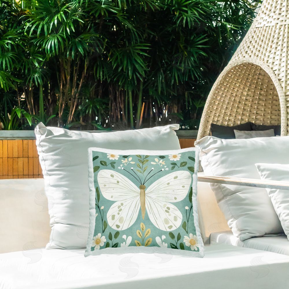 Petal Prints Design Teal Butterfly Garden with Daisies Outdoor Square Printed Throw Pillow on Seat