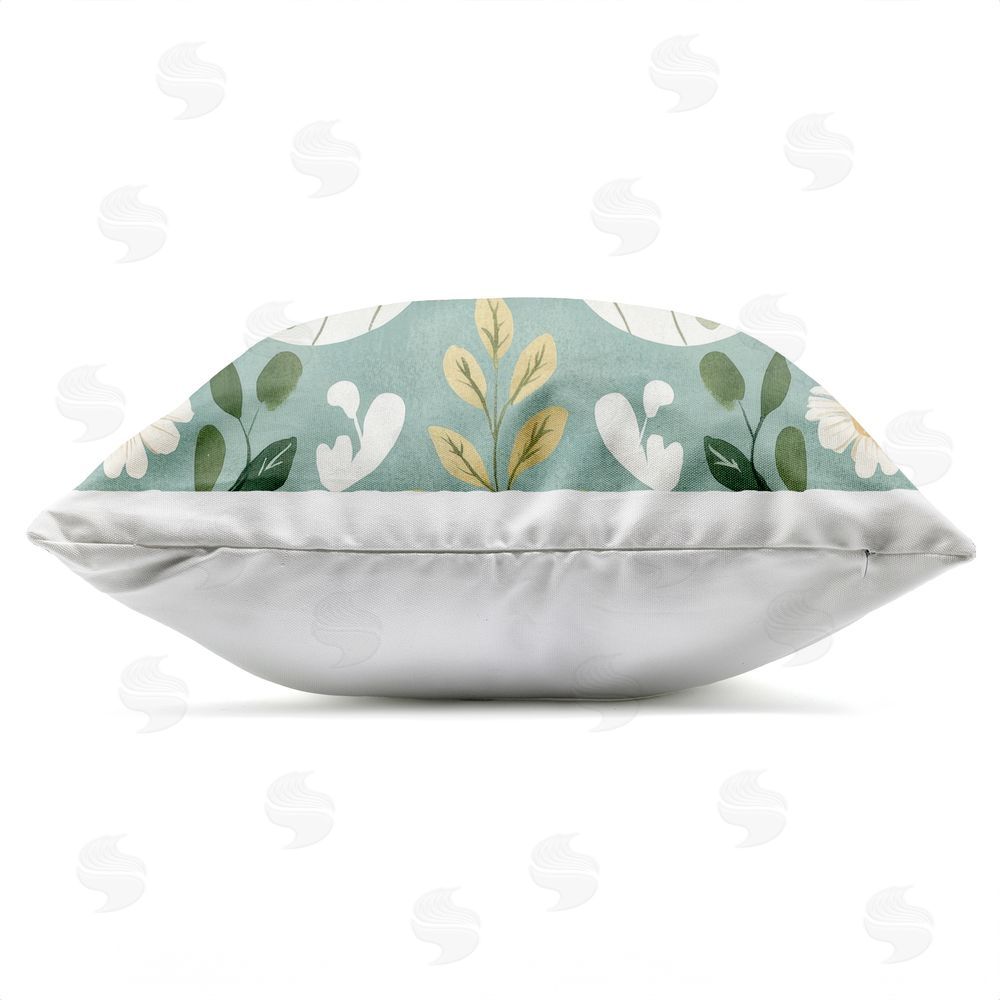 Petal Prints Design Teal Butterfly Garden with Daisies Outdoor Square Printed Throw Pillow Side View with Zipper Detail