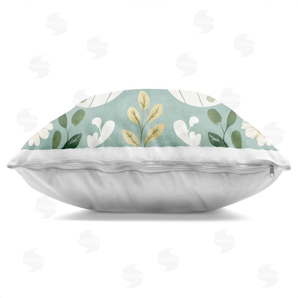 Petal Prints Design Teal Butterfly Garden with Daisies Square Printed Throw Pillow Side View with Zipper Detail