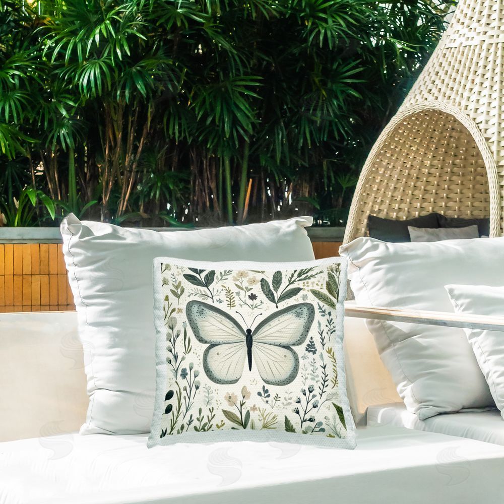 Petal Prints Design Dusty Blue Butterfly Botanicals Outdoor Square Printed Throw Pillow on Seat