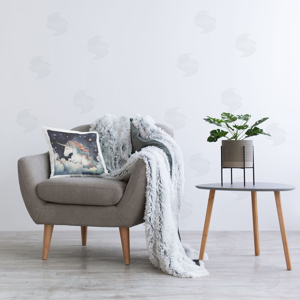 Creative Studio Sleepy Unicorn in Starlit Clouds Square Printed Throw Pillow on Seat