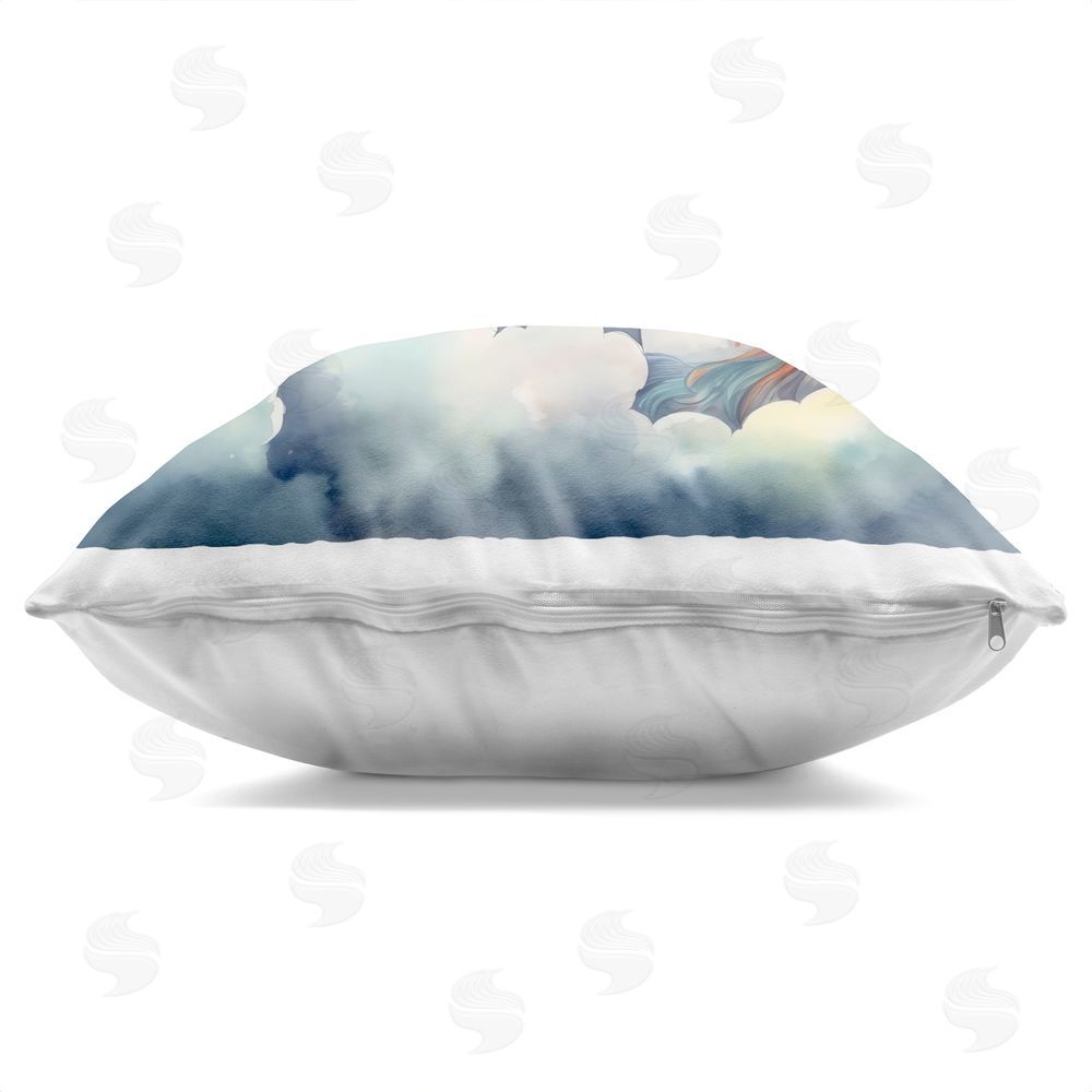 Creative Studio Sleepy Unicorn in Starlit Clouds Square Printed Throw Pillow Side View with Zipper Detail