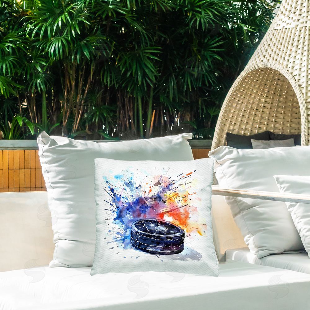 LSR Design Studio Hockey Splash Watercolor Burst Outdoor Square Printed Throw Pillow on Seat