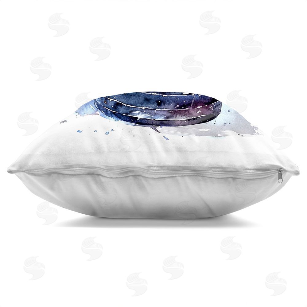 LSR Design Studio Hockey Splash Watercolor Burst Square Printed Throw Pillow Side View with Zipper Detail