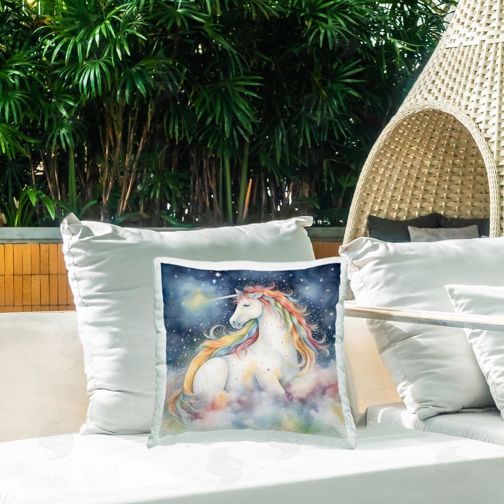 Creative Studio Unicorn Floating on the Clouds Outdoor Square Printed Throw Pillow on Seat