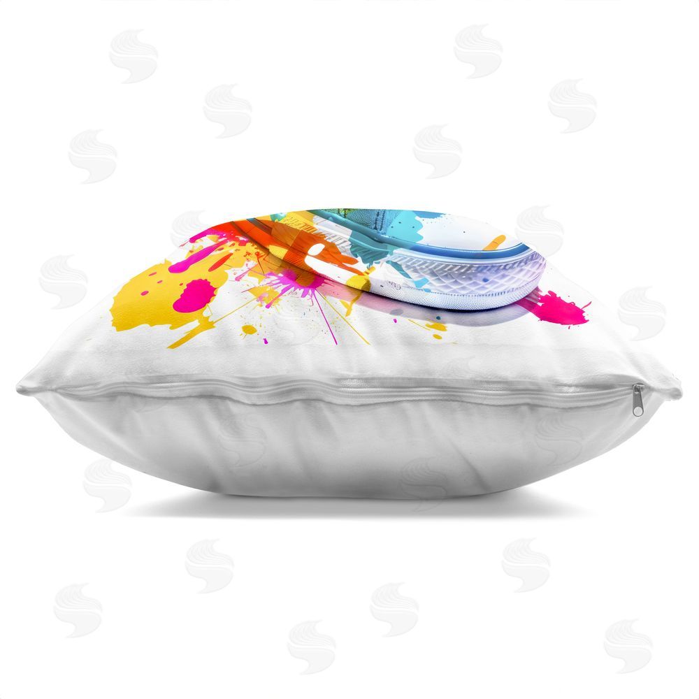 Creative Studio High Top Sneakers Splash Square Printed Throw Pillow Side View with Zipper Detail