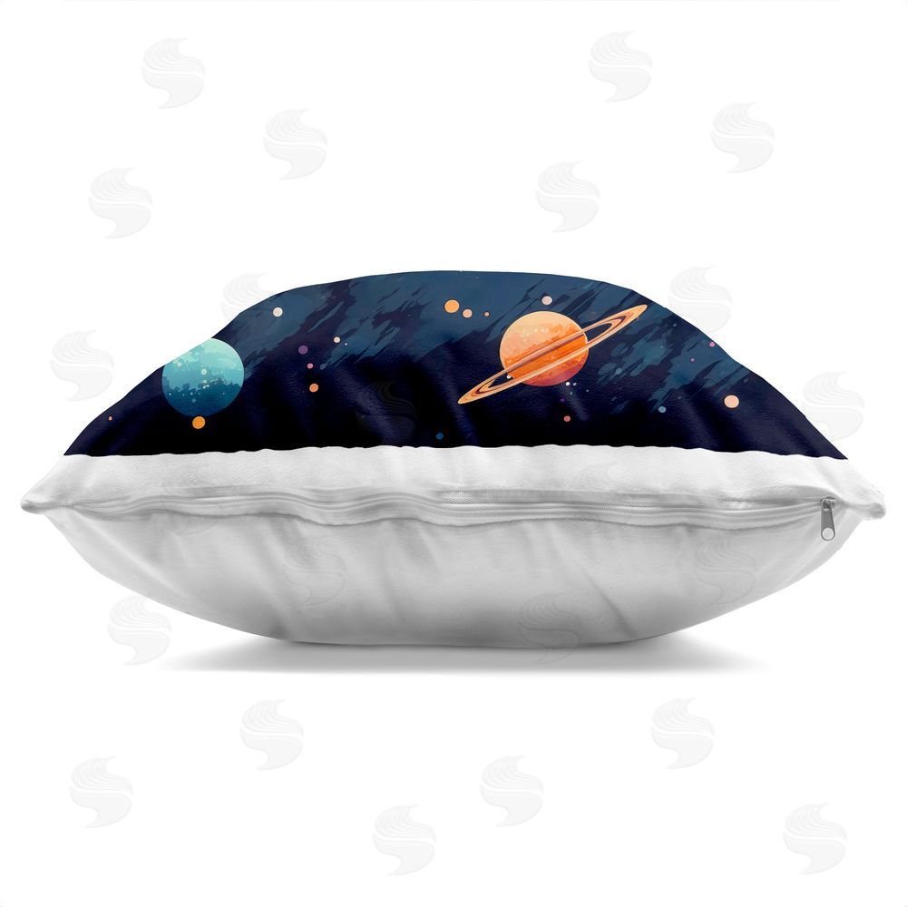Creative Studio Orange & Blue Planets in Orbit Square Printed Throw Pillow Side View with Zipper Detail