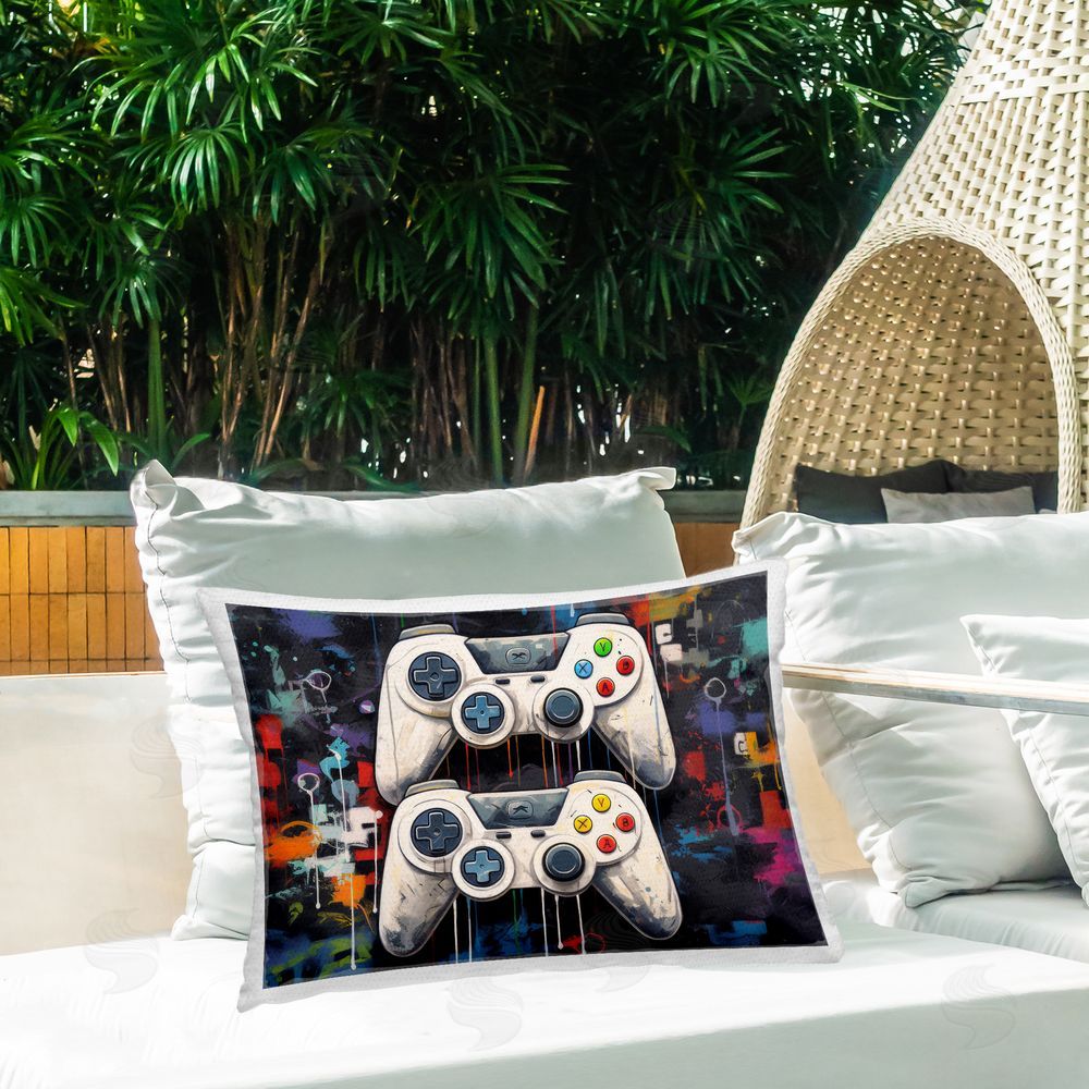 Lazar Studio Joystick Journeys with Paint Splatter Outdoor Printed Lumbar Throw Pillow on Seat