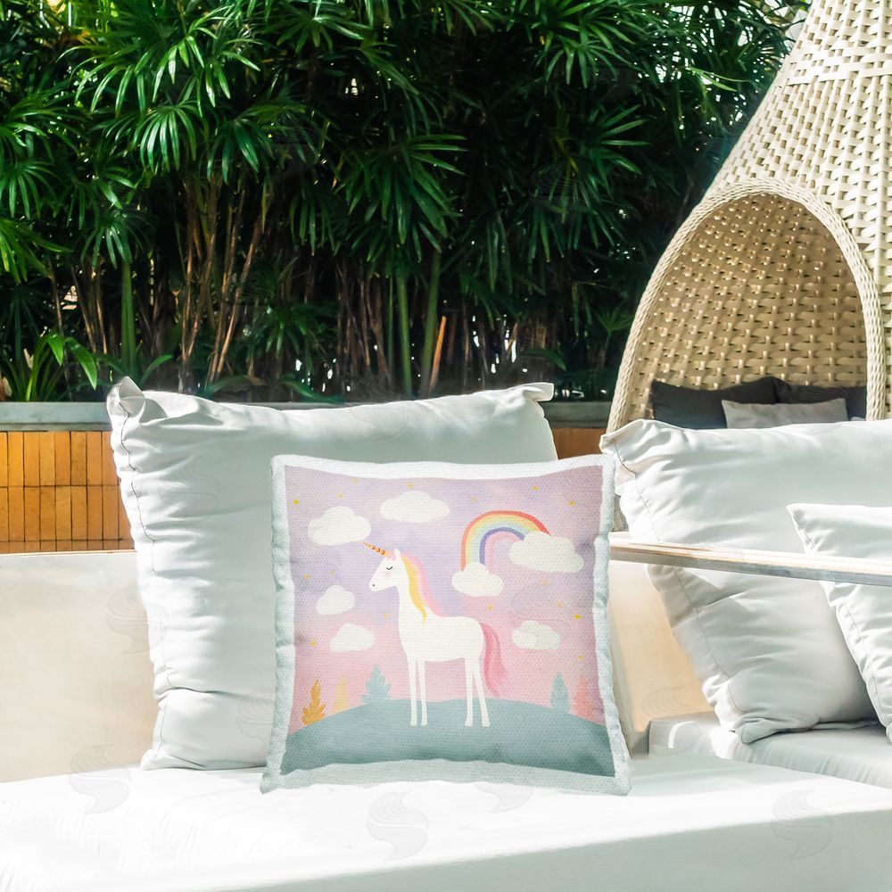 Lazar Studio Mystical Unicorn with Rainbow & Clouds Outdoor Square Printed Throw Pillow on Seat