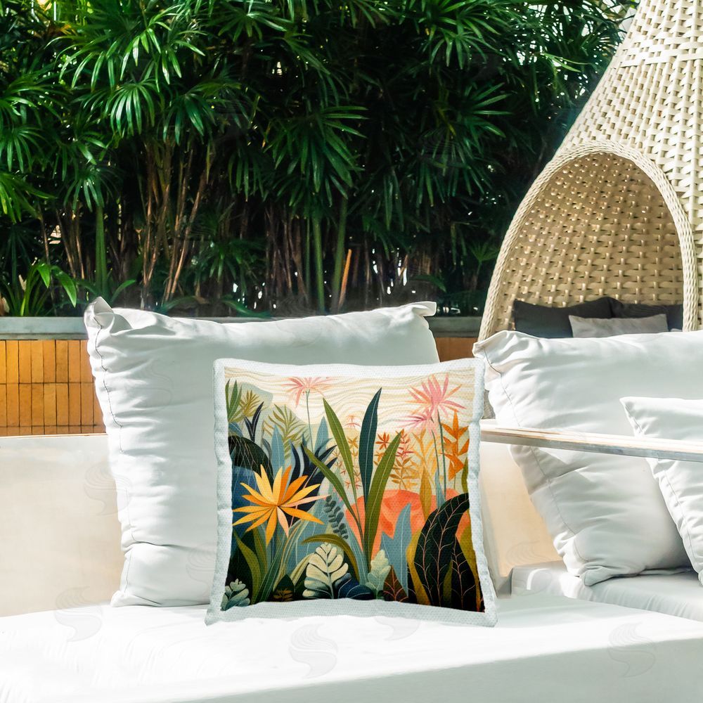Lazar Studio Tropical Botanical Embrace Outdoor Square Printed Throw Pillow on Seat