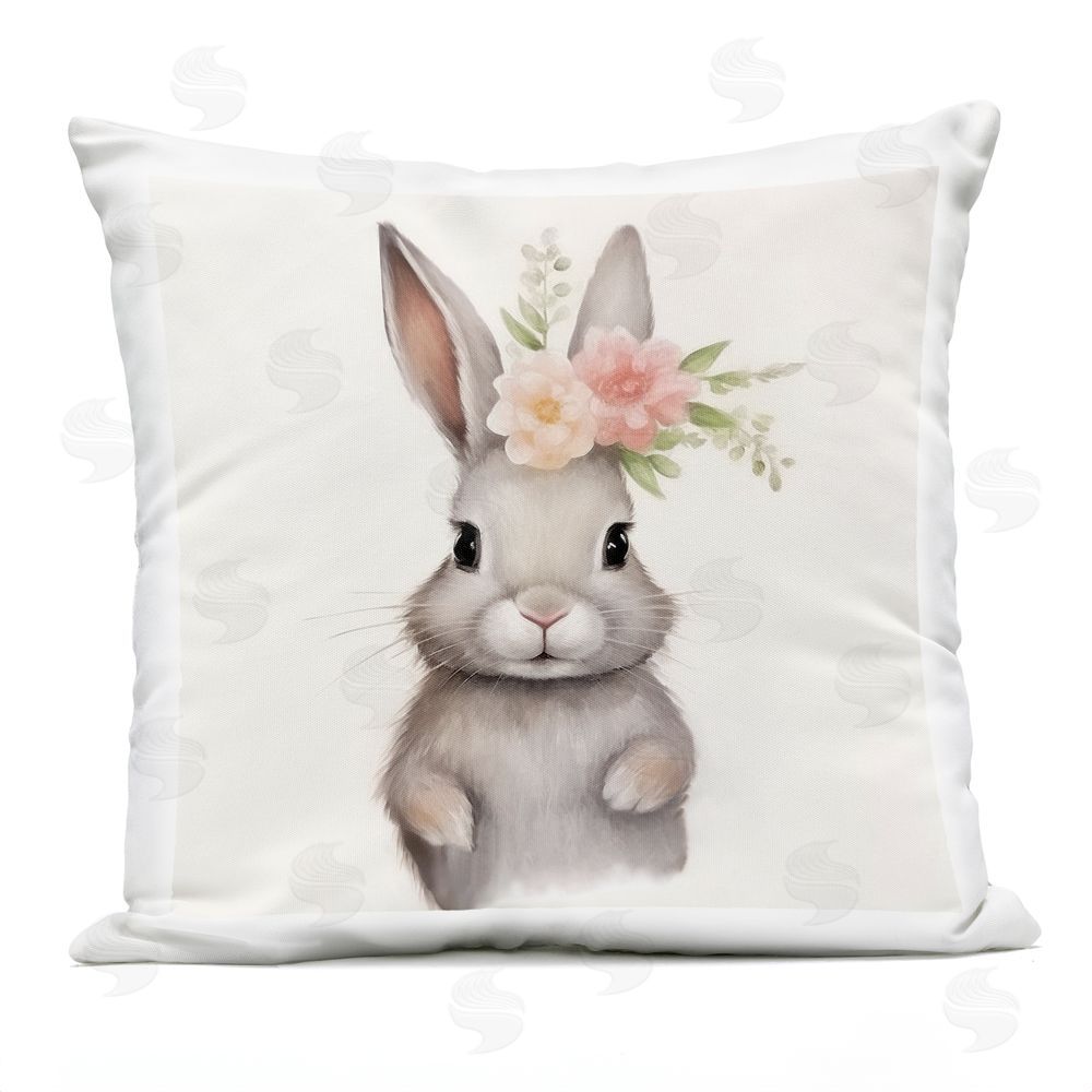 Lazar Studio Fun Bunny with Flowers Square Outdoor Quick-Dry Polyester Throw Pillow