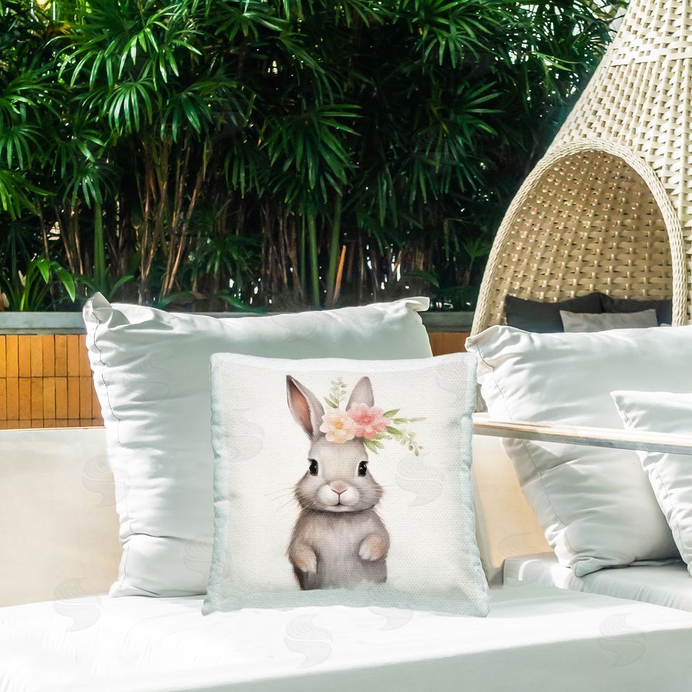 Lazar Studio Fun Bunny with Flowers Square Outdoor Quick-Dry Polyester Throw Pillow on Seat