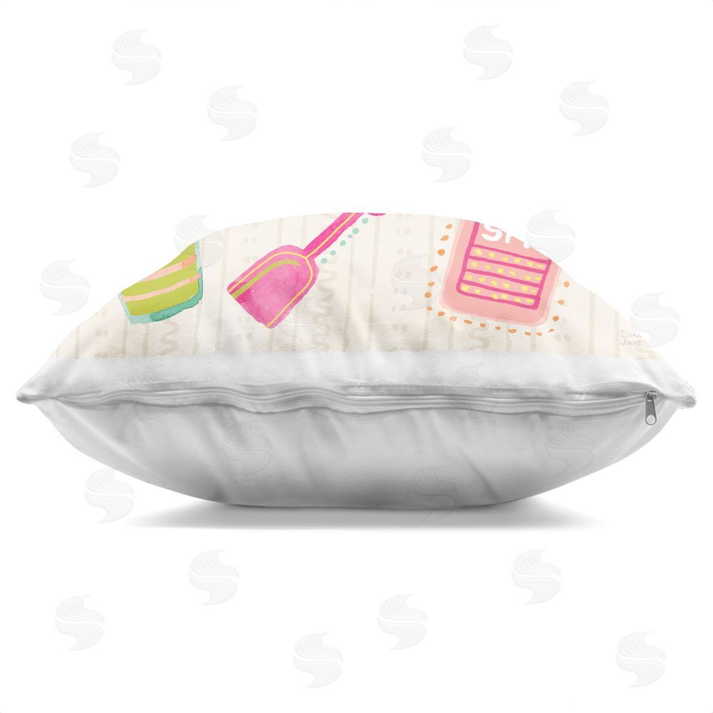 Dina June Fun In The Sun Beach Pails Square Printed Throw Pillow Side View with Zipper Detail
