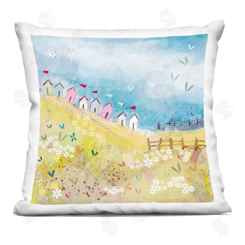 Clare Tupper Beach Huts on Hillside Indoor Printed Throw Pillow