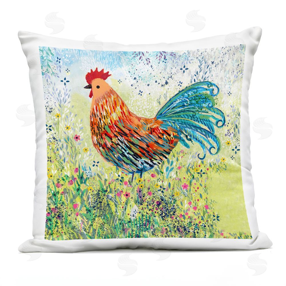 Clare Tupper Cockerel Rooster in Colorful Garden Outdoor Printed Throw Pillow