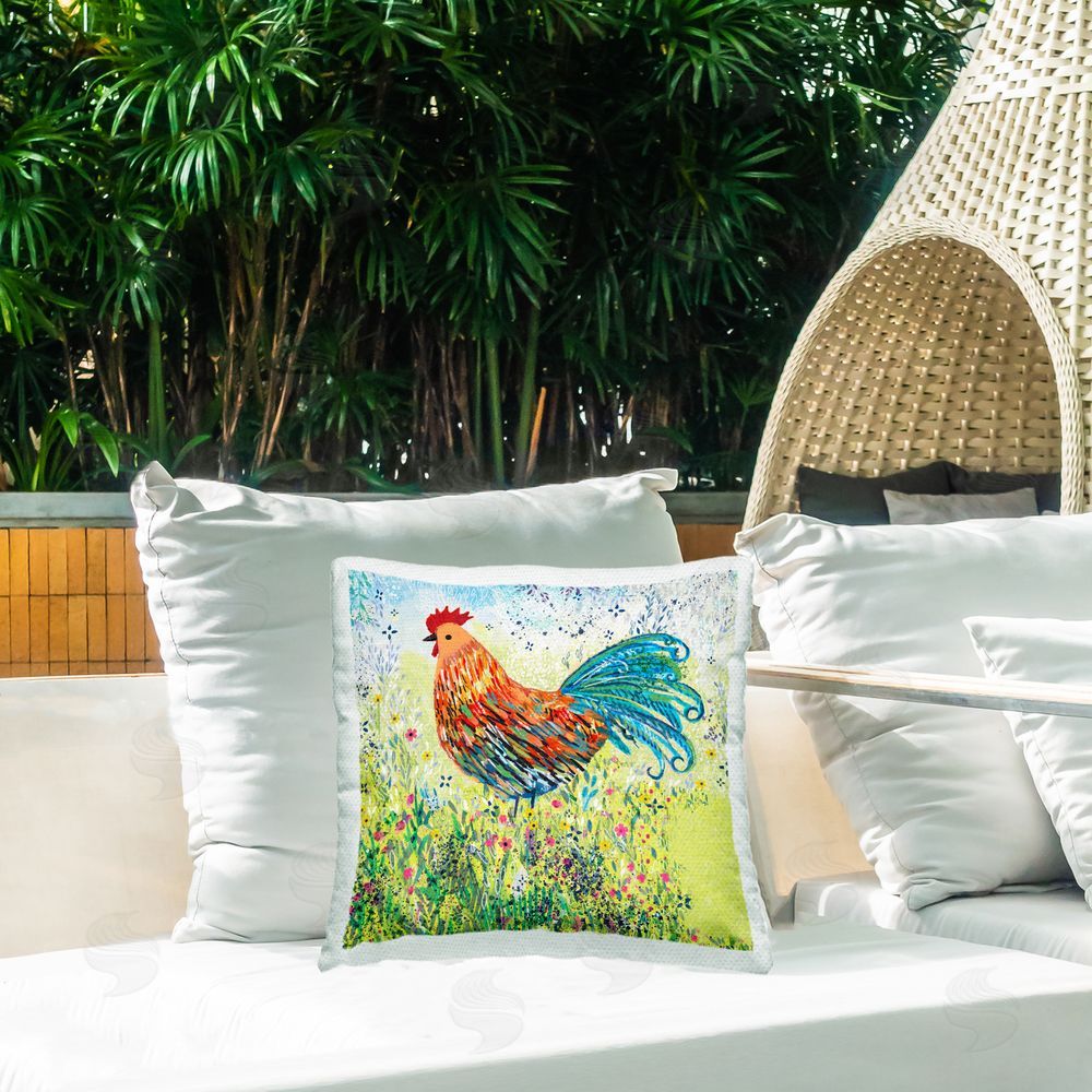 Clare Tupper Cockerel Rooster in Colorful Garden Outdoor Printed Throw Pillow on Patio