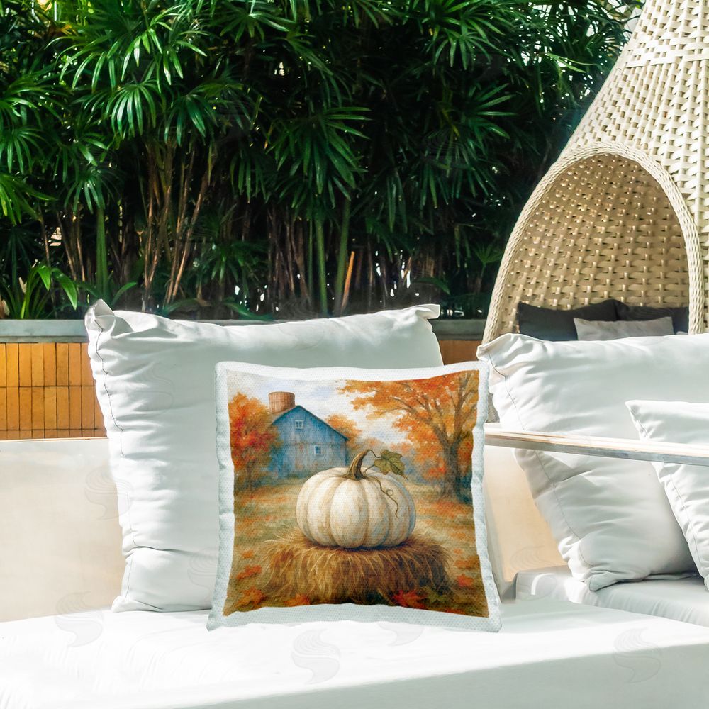 Antony Smith Harvest Pumpkin on Hay Bale Outdoor Square Pillow on Patio