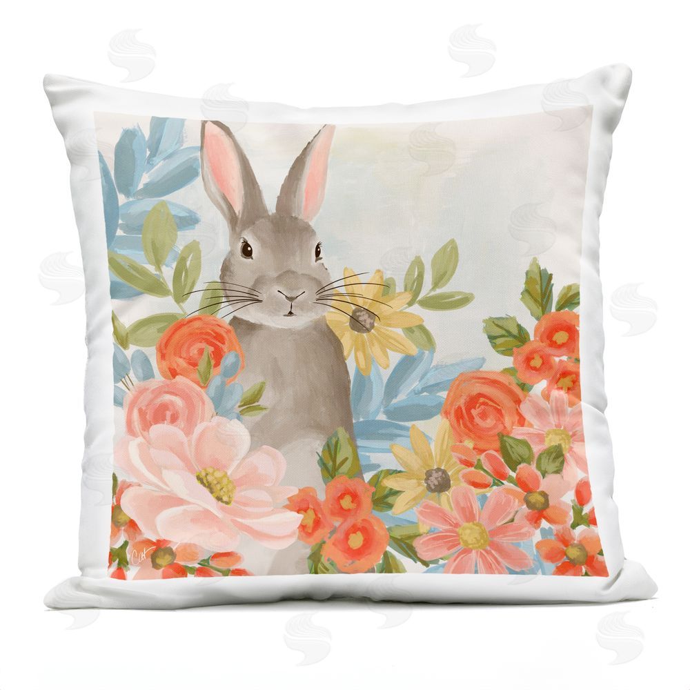 Cat Thurman Designs Bunny Among The Blooms Square Outdoor Quick-Dry Polyester Throw Pillow