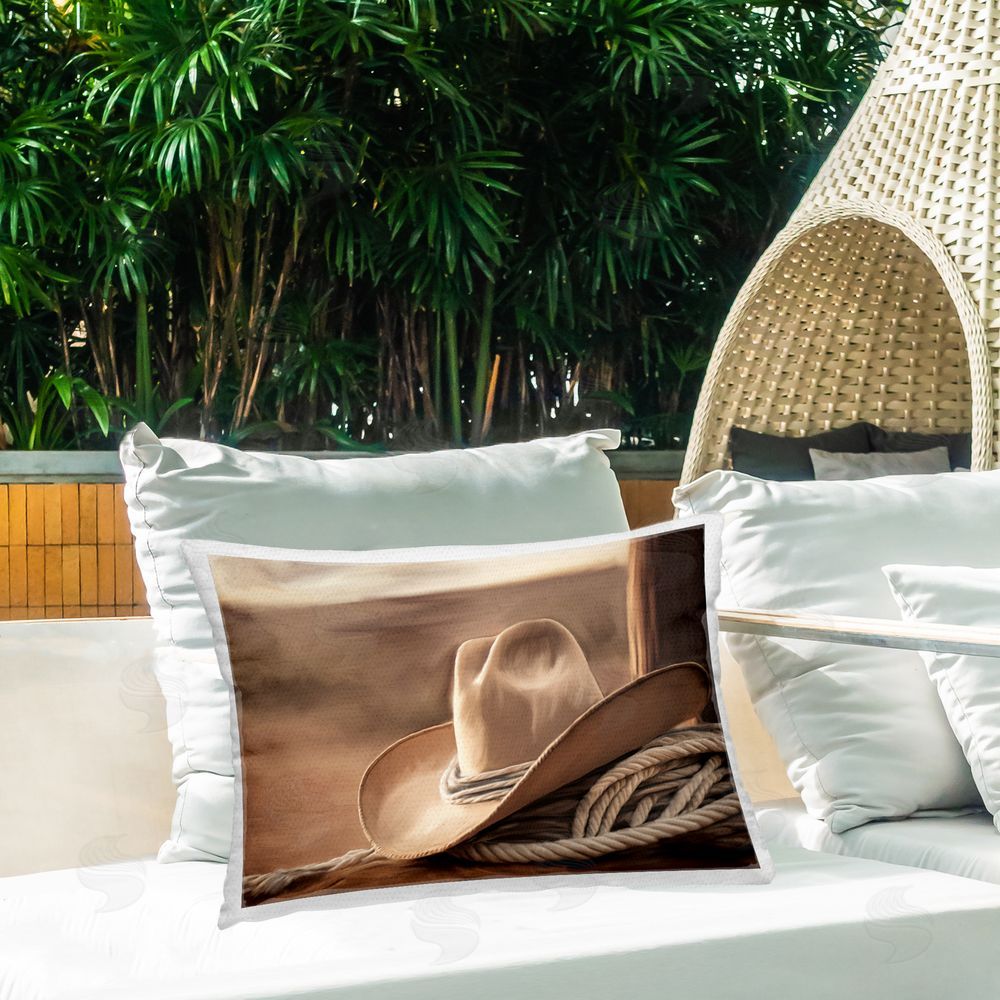 Kim Allen White Cowboy Hat Outdoor Quick-Dry Polyester Printed Lumbar Pillow on Patio