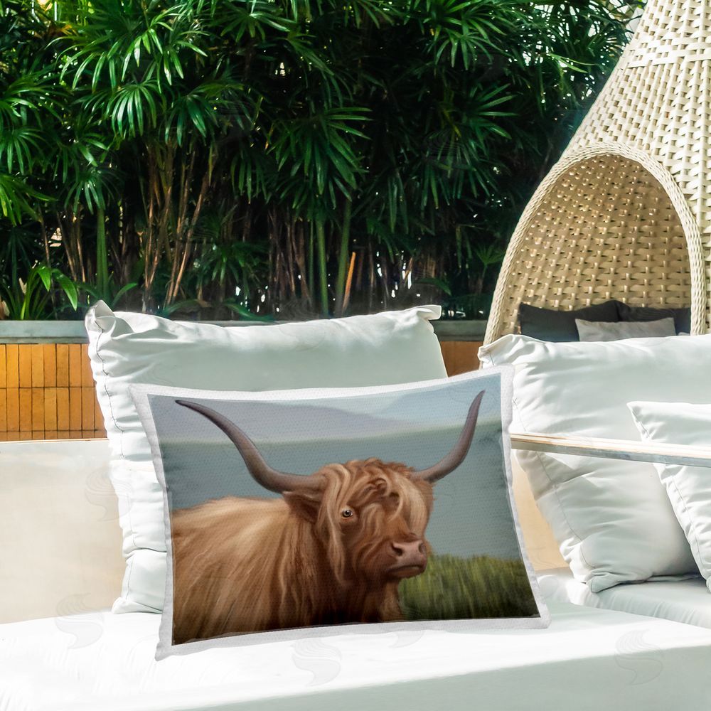 Matthew Piotrowicz Scottish Highland Cattle Landscape Outdoor Quick-Dry Polyester Printed Lumbar Pillow on Patio