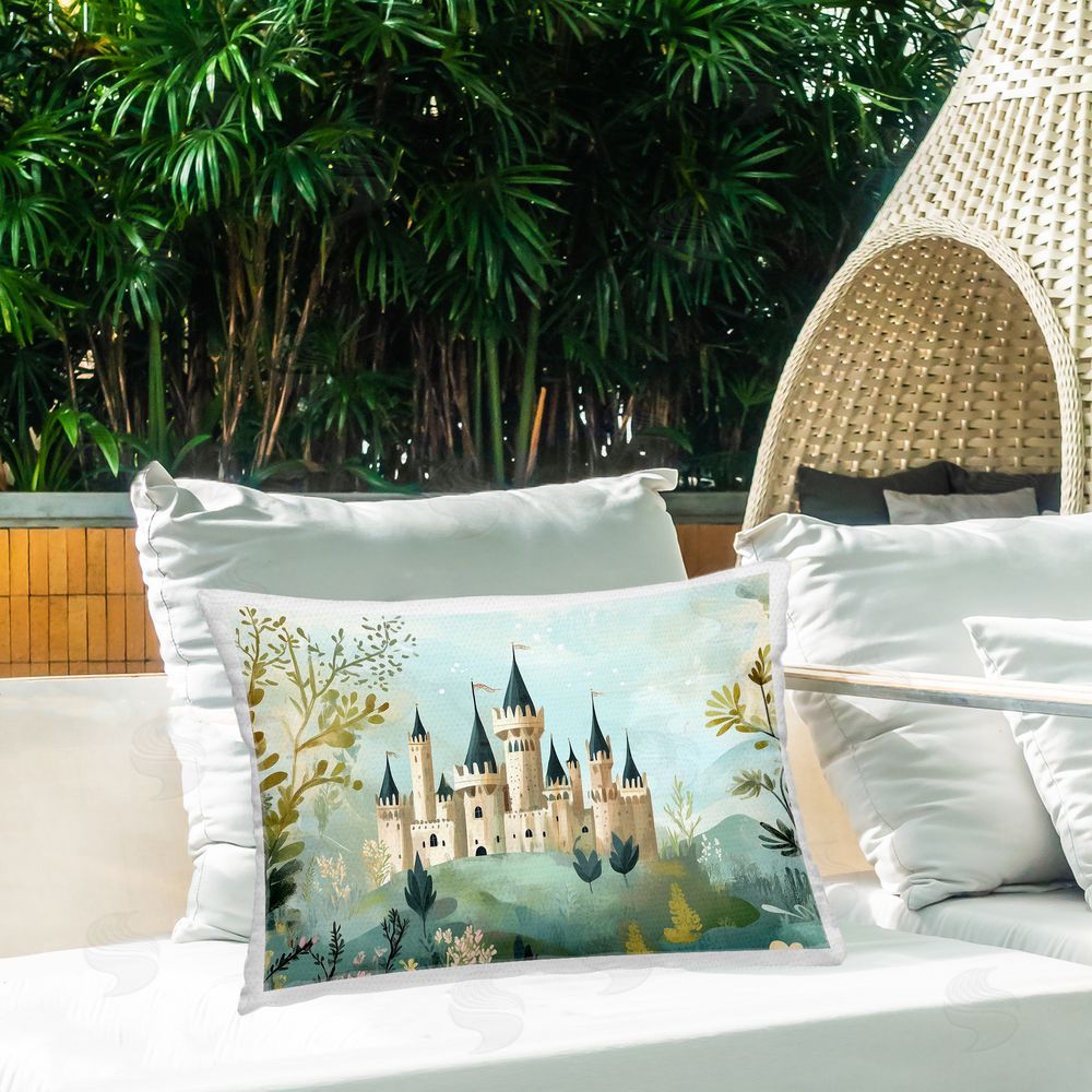 Christine Simpson Art Princess' Castle View Outdoor Quick-Dry Polyester Printed Lumbar Pillow on Patio