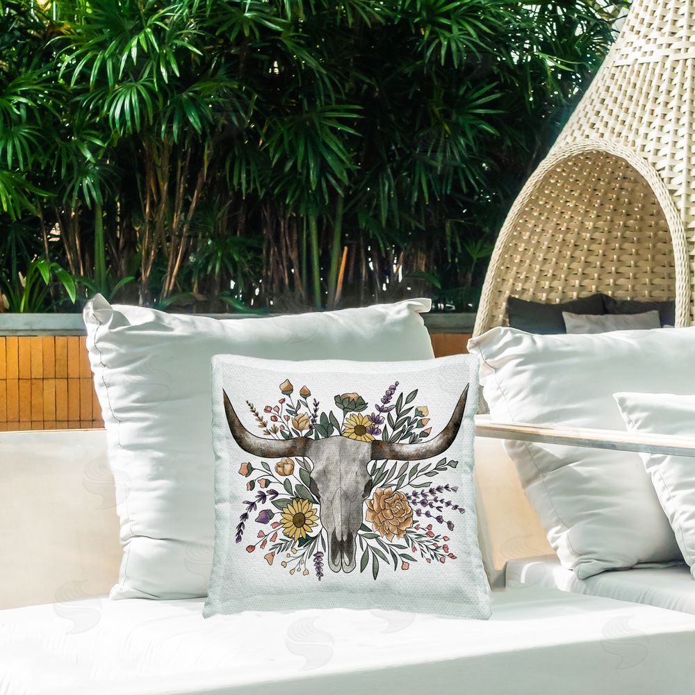 Alisha Kiara Design Boho Wildflower Longhorn Outdoor Printed Throw Pillow on Patio