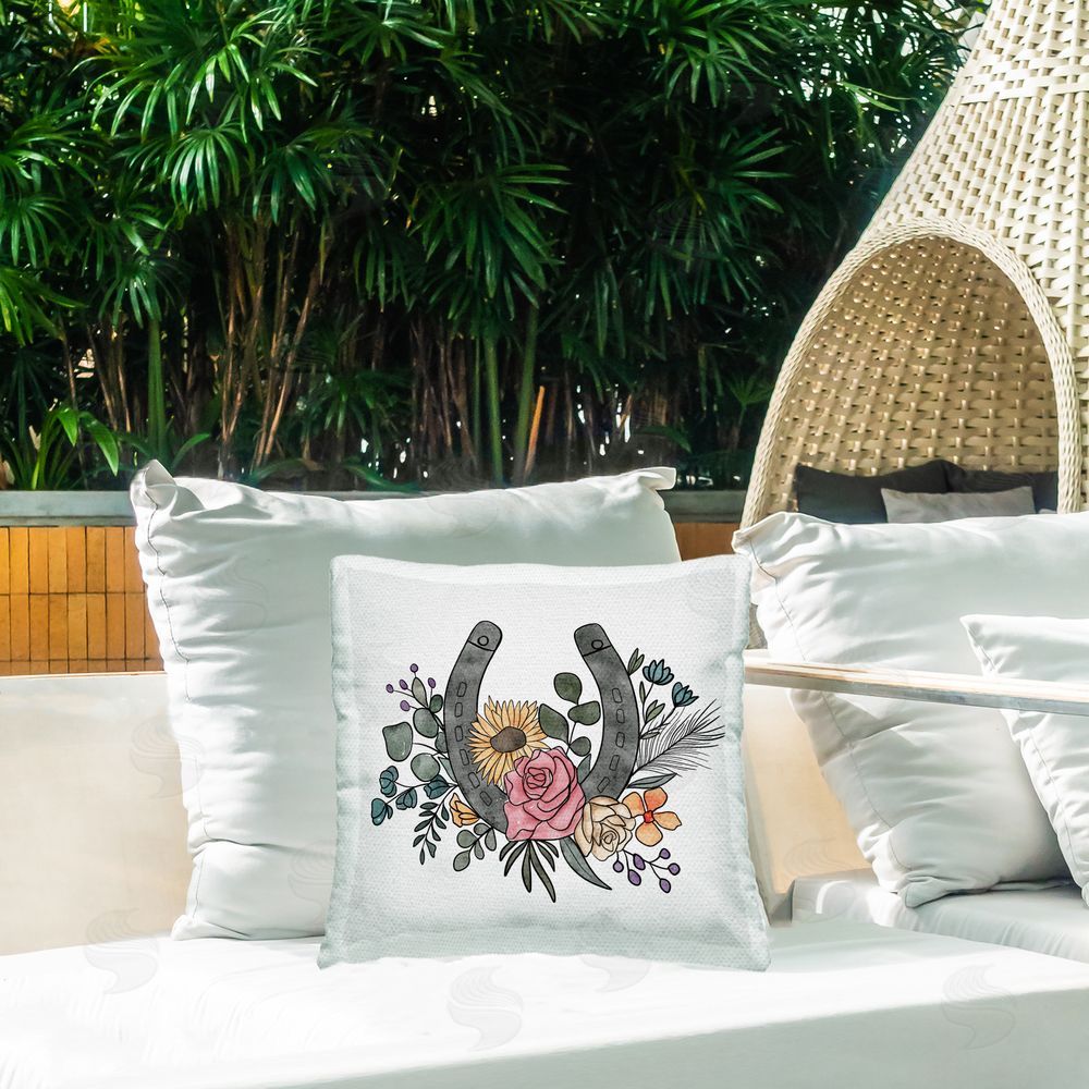Alisha Kiara Design Boho Floral Horseshoe Outdoor Quick-Dry Polyester Printed Square Pillow on Patio