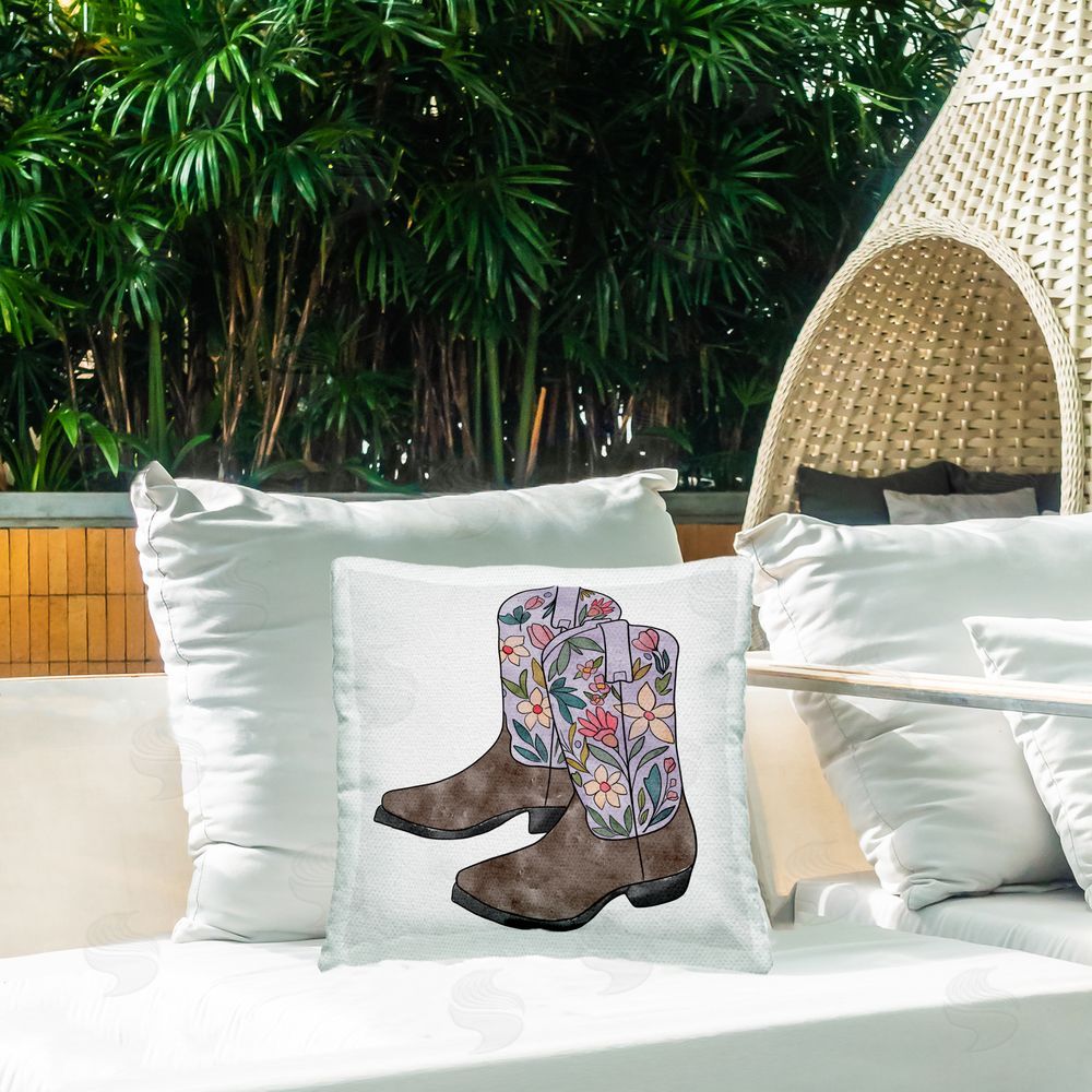 Alisha Kiara Design Wildflower Cowboy Boots Outdoor Printed Throw Pillow on Patio