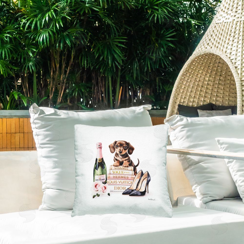 Amanda Greenwood Luxury Books & Puppy Outdoor Quick-Dry Polyester Printed Square Pillow on Patio