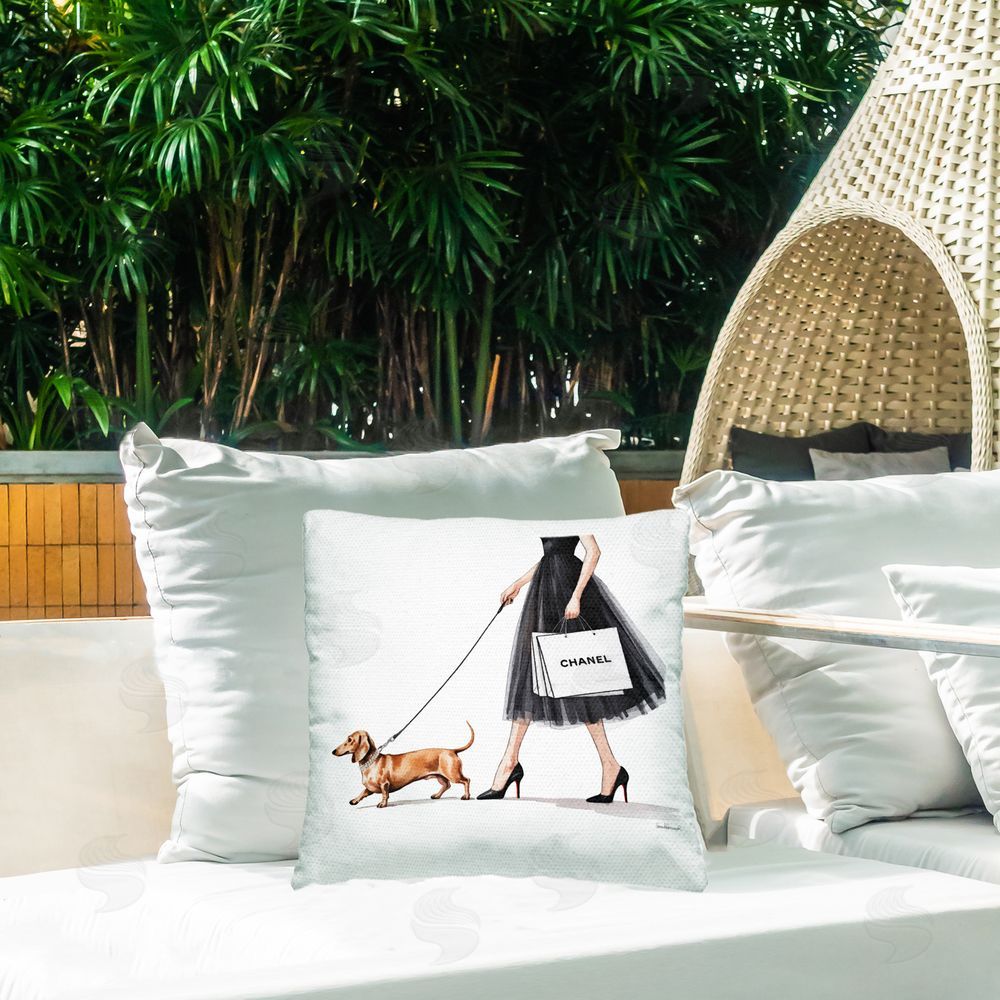 Amanda Greenwood Glam Dog Walking Outdoor Quick-Dry Polyester Printed Square Pillow on Patio