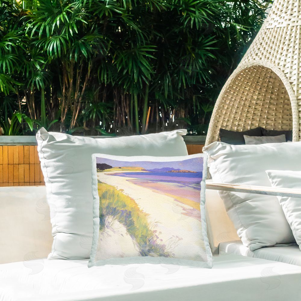 Walker Noble Serene Coastal Bay Outdoor Quick-Dry Polyester Printed Square Pillow on Patio