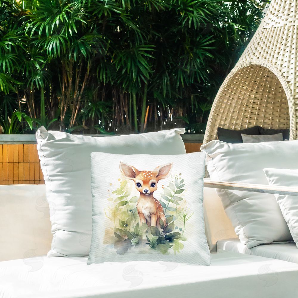 Steve Hunziker Crafty Critter Fawn Outdoor Quick-Dry Polyester Printed Square Pillow on Patio