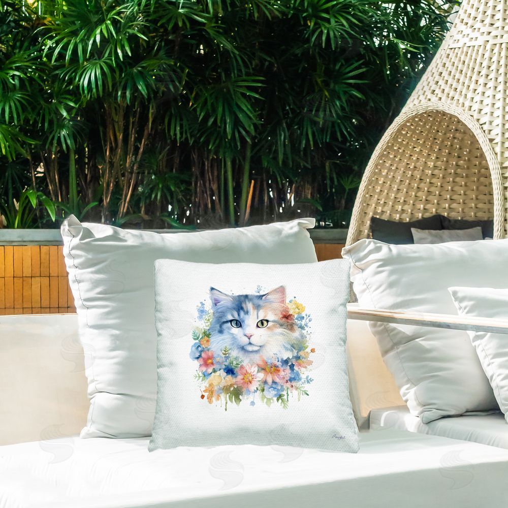 Roozbeh Flower Power Pastel Kitty Outdoor Quick-Dry Polyester Printed Square Pillow on Patio