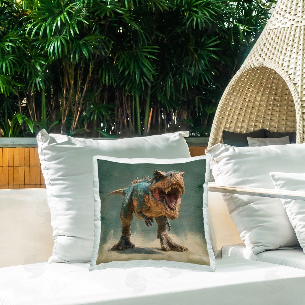 Wumples Roaring T-Rex in Green Outdoor Quick-Dry Polyester Printed Square Pillow on Patio