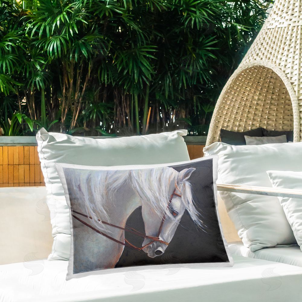 Jadei Graphics Majestic White Mare Outdoor Quick-Dry Polyester Printed Lumbar Pillow on Patio