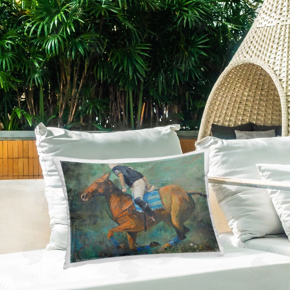 Jadei Graphics Polo Rider in Dynamic Motion Outdoor Quick-Dry Polyester Printed Lumbar Pillow on Patio