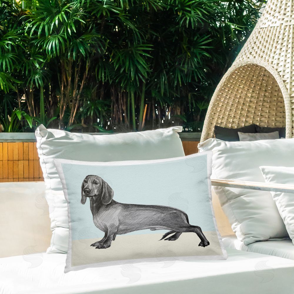 Violeta Vollmer Sketched Dachshund on Blue Outdoor Quick-Dry Polyester Printed Lumbar Pillow on Patio