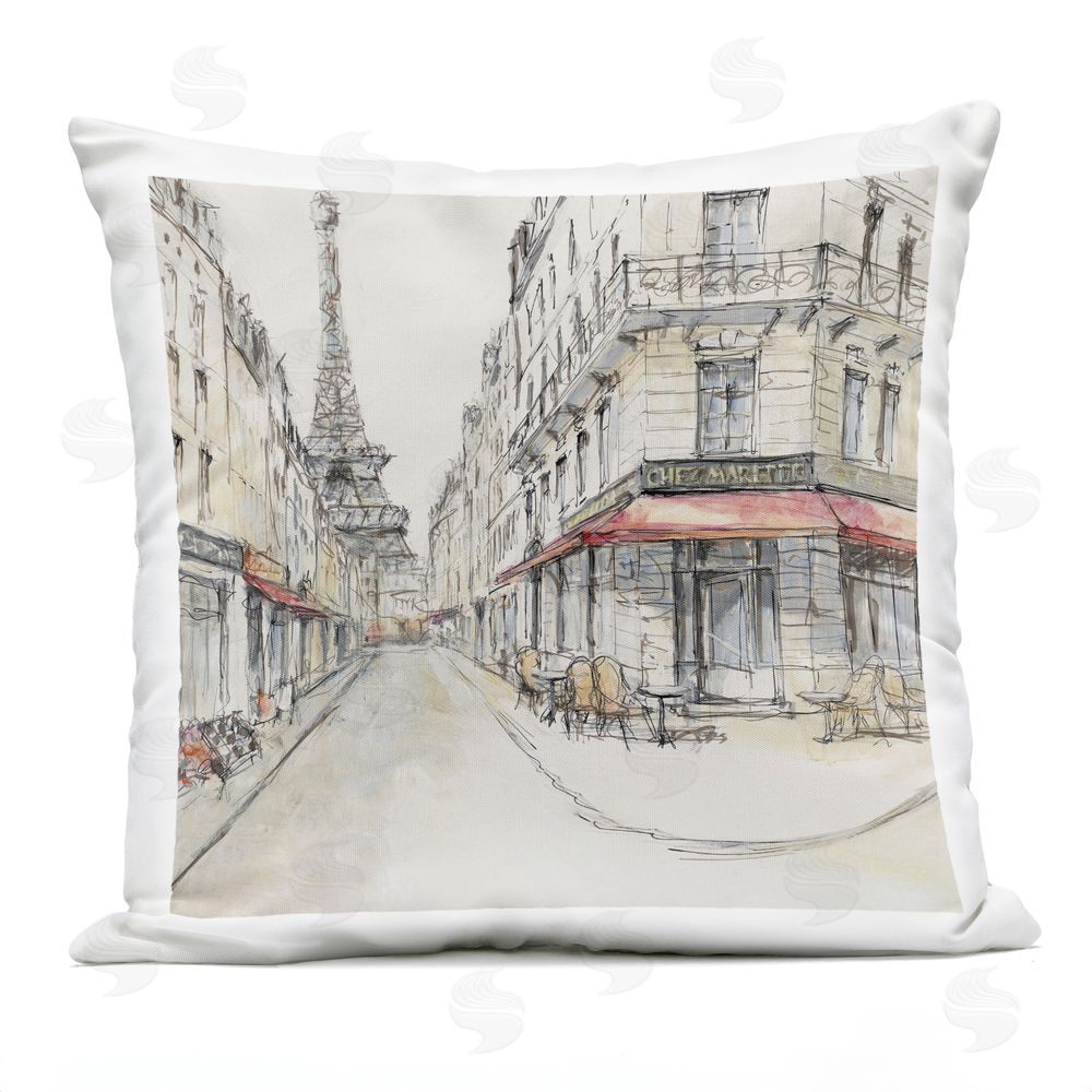 Lorenzo Collective Parisian Cafe Beside Tower Outdoor Quick-Dry Polyester Square Throw Pillow