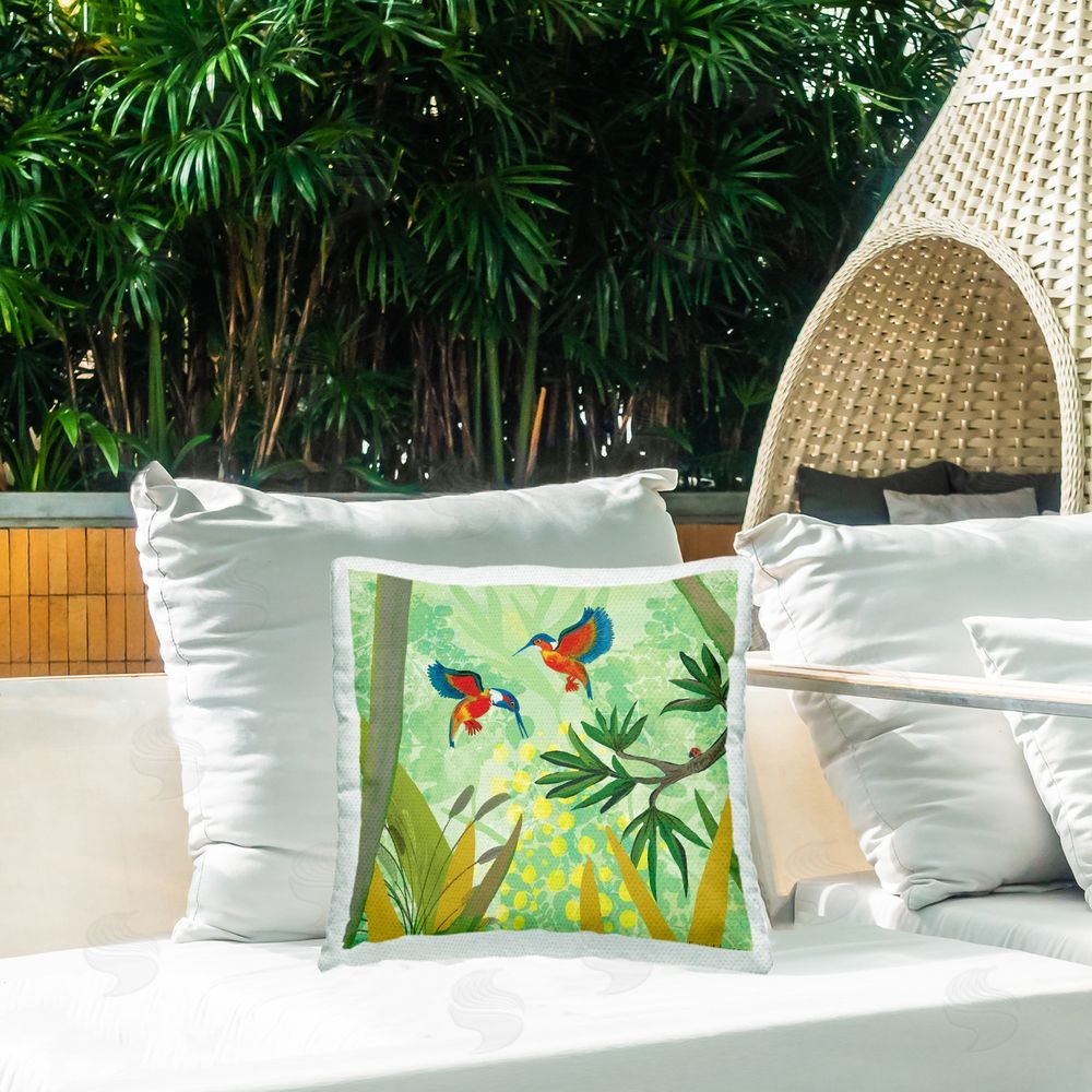 Kay Widdowson Kingfishers in Jungle Branches Outdoor Quick-Dry Polyester Printed Square Pillow on Patio