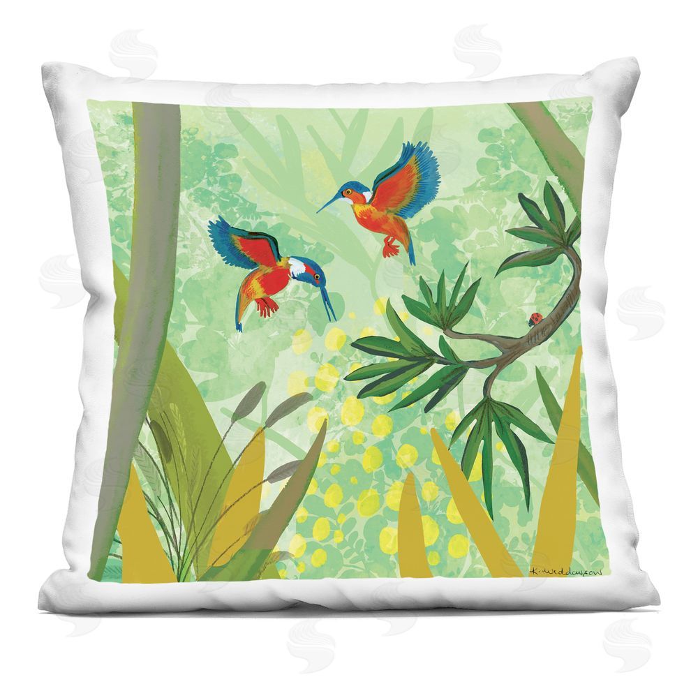 Kay Widdowson Kingfishers in Jungle Branches Indoor Plush Polyester Square Throw Pillow