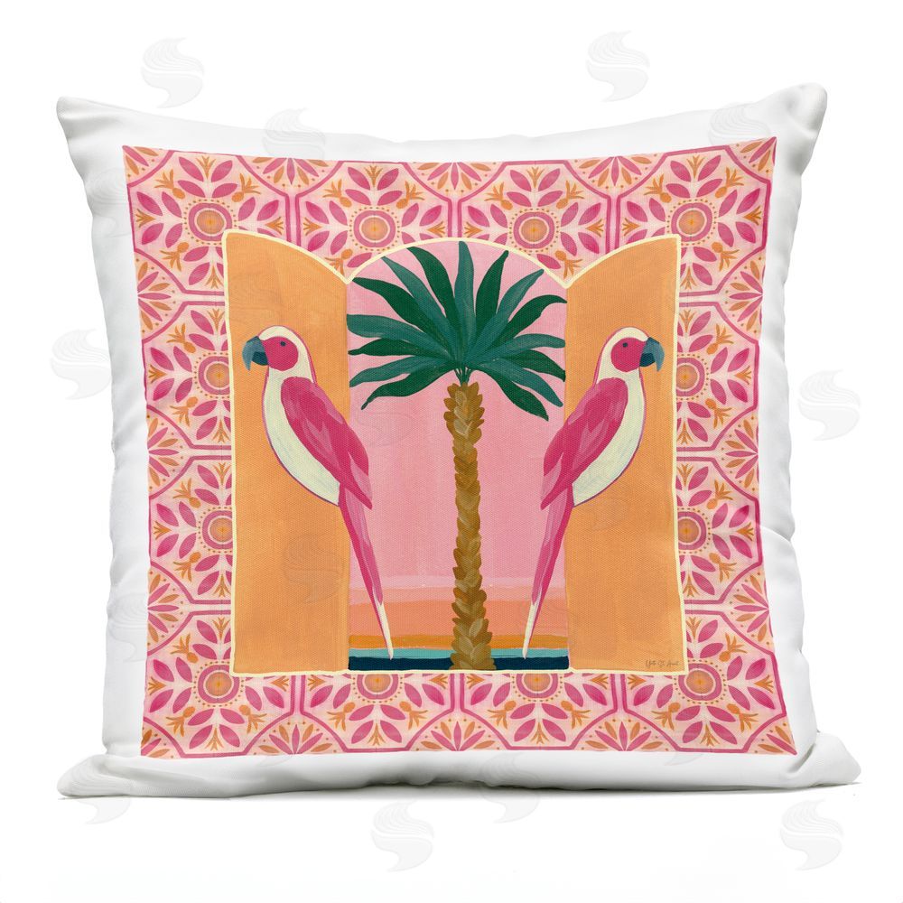 Yvette St. Amant Pink Tropical Birds Symmetry Outdoor Quick-Dry Polyester Square Throw Pillow