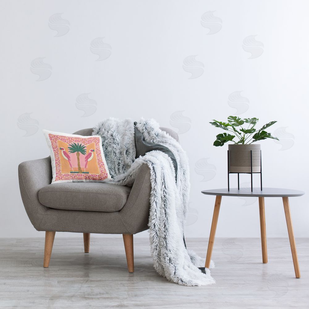 Yvette St. Amant Pink Tropical Birds Symmetry Plush Polyester Printed Square Pillow on Chair