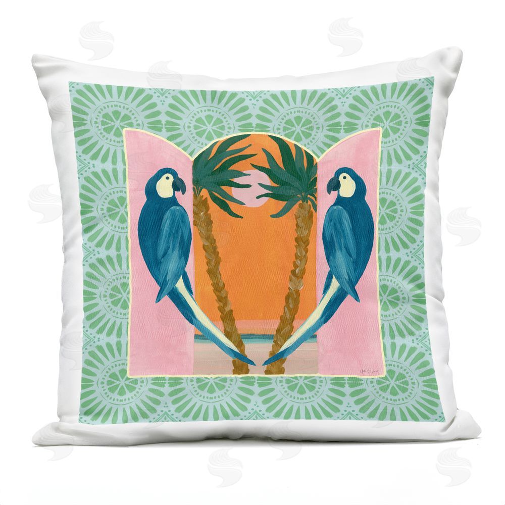 Yvette St. Amant Blue Parrots Tropical Symmetry Outdoor Quick-Dry Polyester Square Throw Pillow