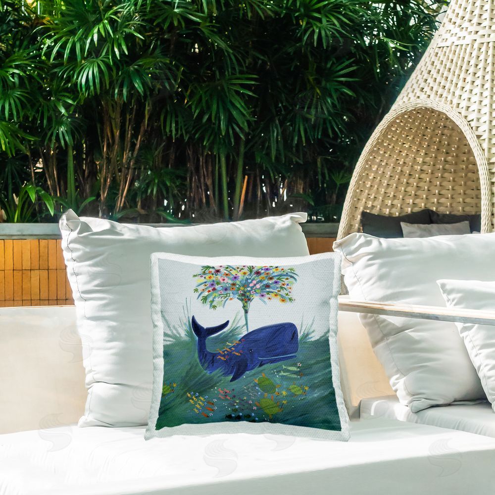 Kay Widdowson A Flowery Whale & Friends Outdoor Quick-Dry Polyester Printed Square Pillow on Patio