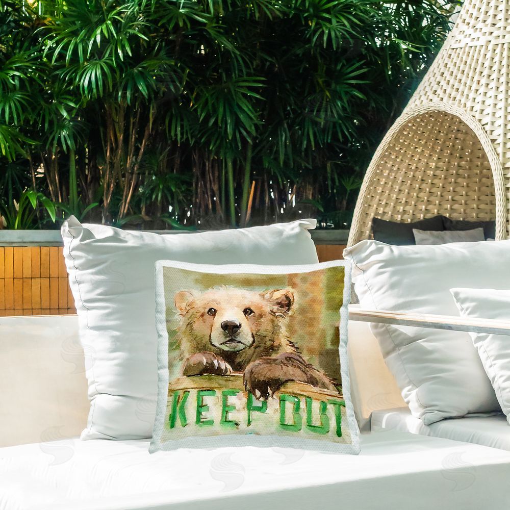 Kim Curinga Keep Out Baby Bear Cub Outdoor Quick-Dry Polyester Printed Square Pillow on Patio